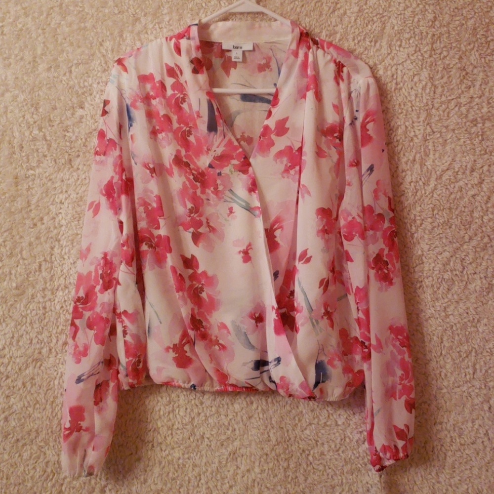 NWT Bar III Pink Floral Faux Wrap Bouse